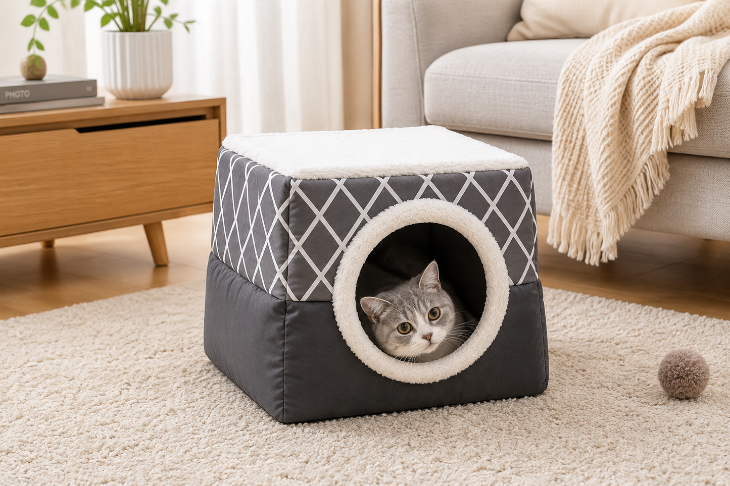 Grey Enclosed Pet Cave Bed – Soft Indoor Hideaway Bed for Cats & Small Dogs