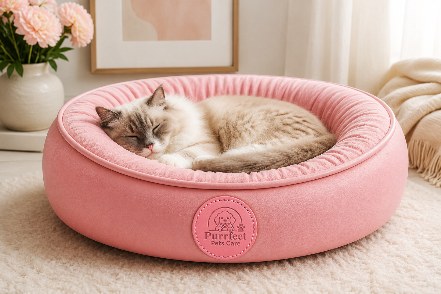 Round Plush Pet Bed with Raised Sides for Cats and Small Pets