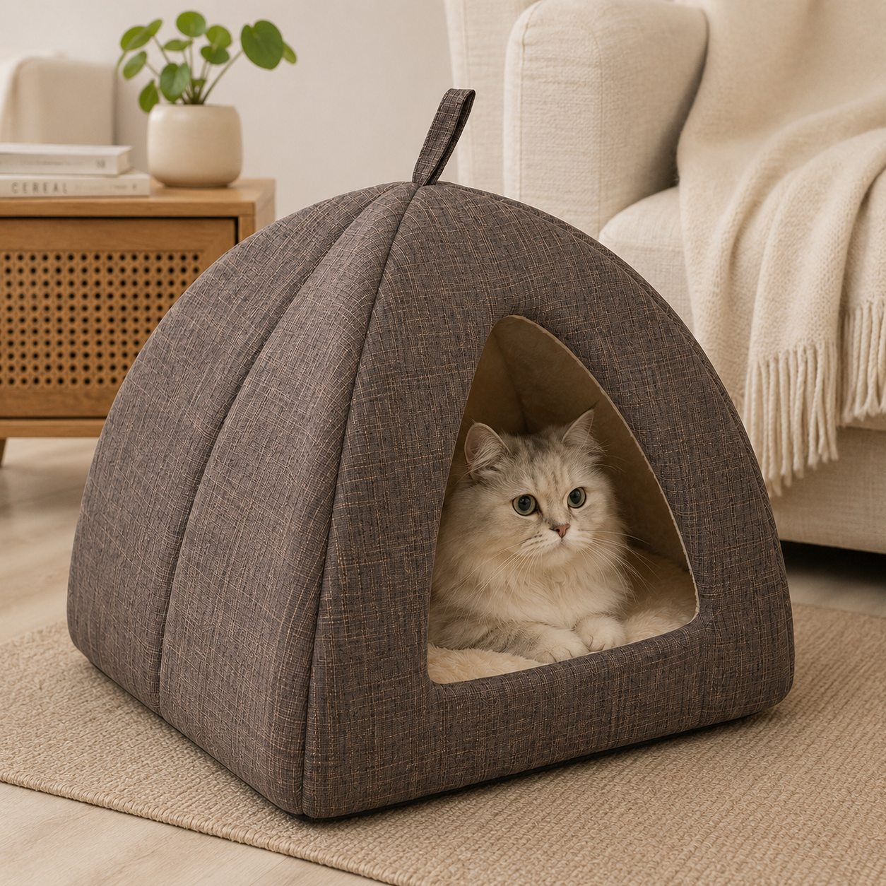 Brown Plush Pet Cave Bed – Cosy Indoor Hideaway Bed for Cats & Small Dogs