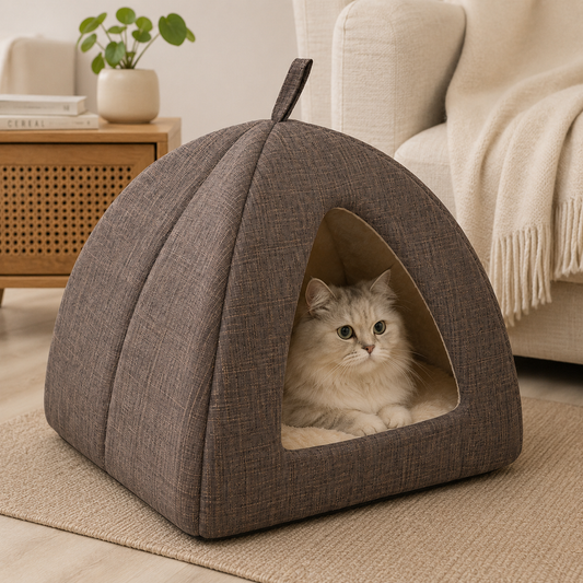 Brown Plush Pet Cave Bed – Cosy Indoor Hideaway Bed for Cats & Small Dogs