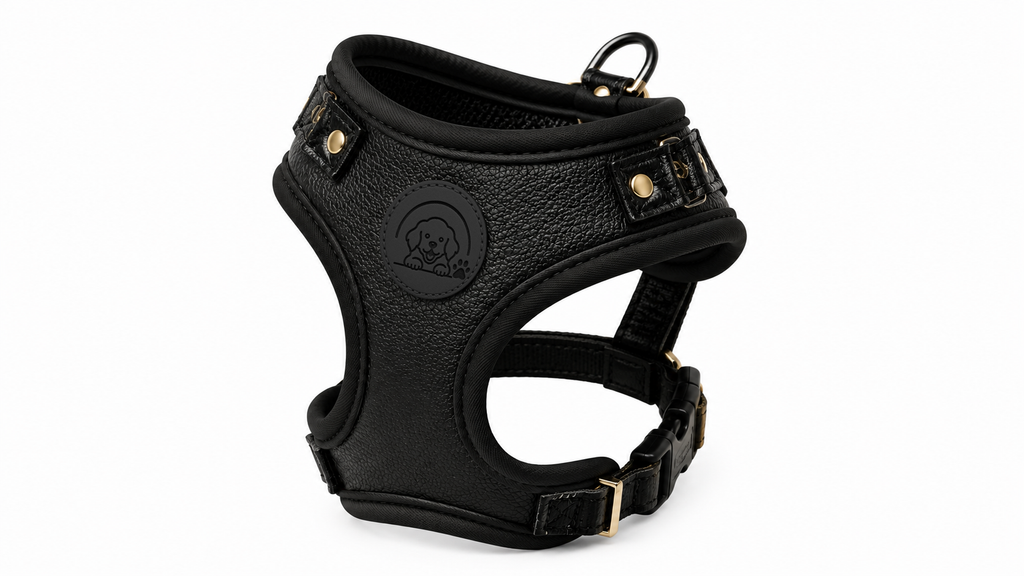 Luxury Black Leather No-Pull Dog Harness with Premium Gold Accent Hardware
