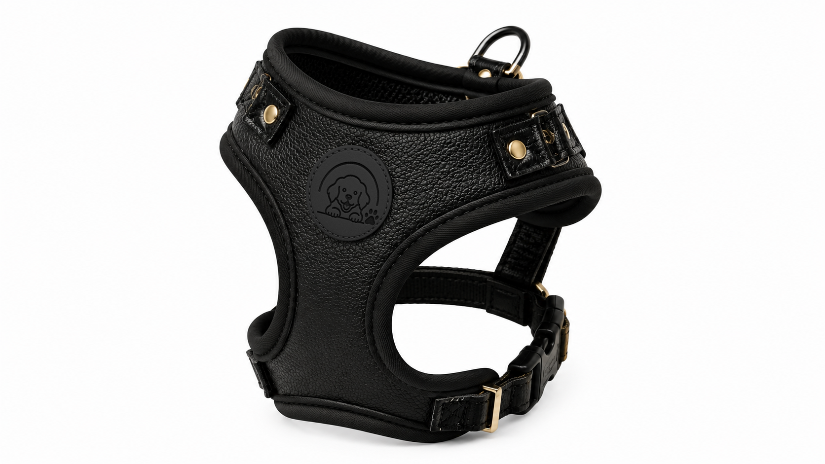 Luxury Black Leather No-Pull Dog Harness with Premium Gold Accent Hardware