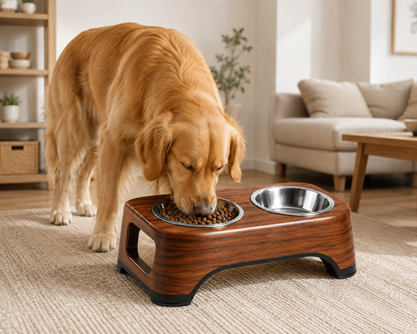 Elevated Double Stainless Steel Pet Bowl with Wood Grain Stand for Dogs & Cats
