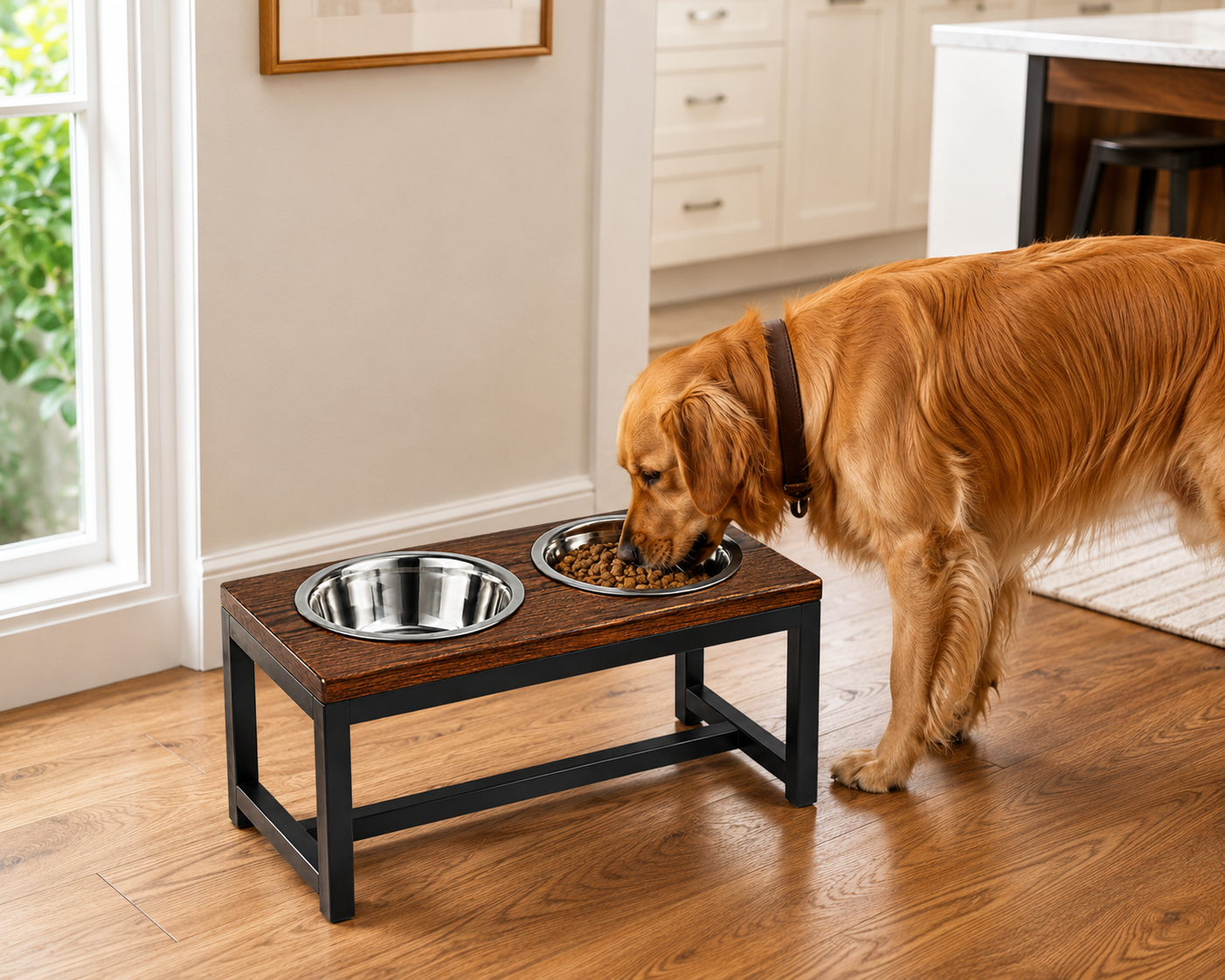 Elevated Double Pet Feeding Station with Stainless Steel Bowls
