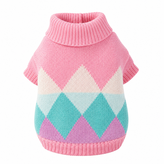 Pink Argyle Dog Sweater – Soft Knit Turtleneck Pet Jumper for Dogs & Cats