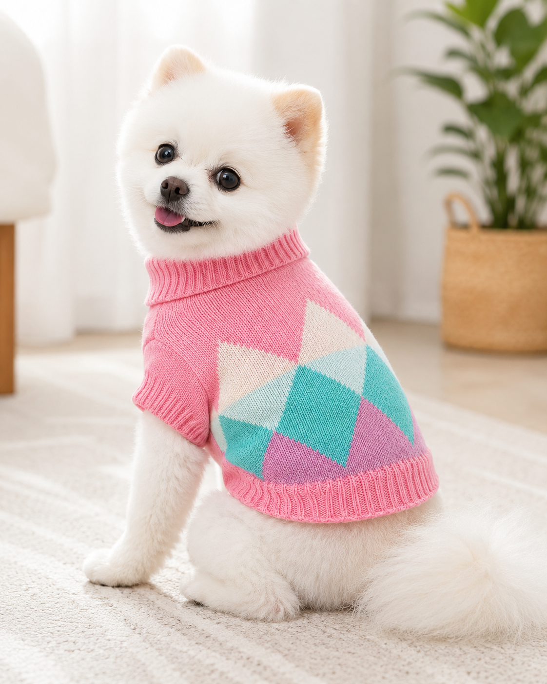 Pink Argyle Dog Sweater – Soft Knit Turtleneck Pet Jumper for Dogs & Cats