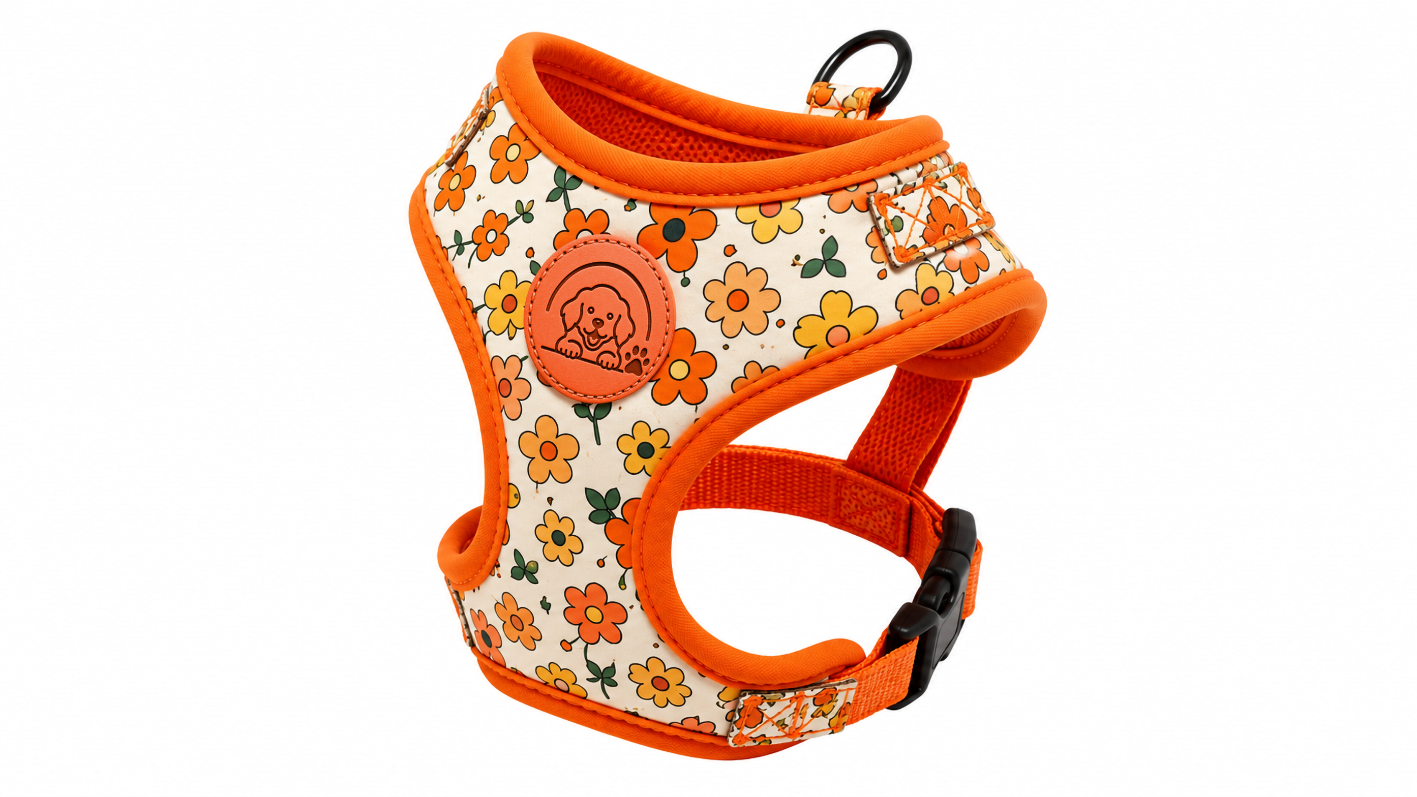 Floral Orange Dog Harness with Soft Adjustable Comfort Fit