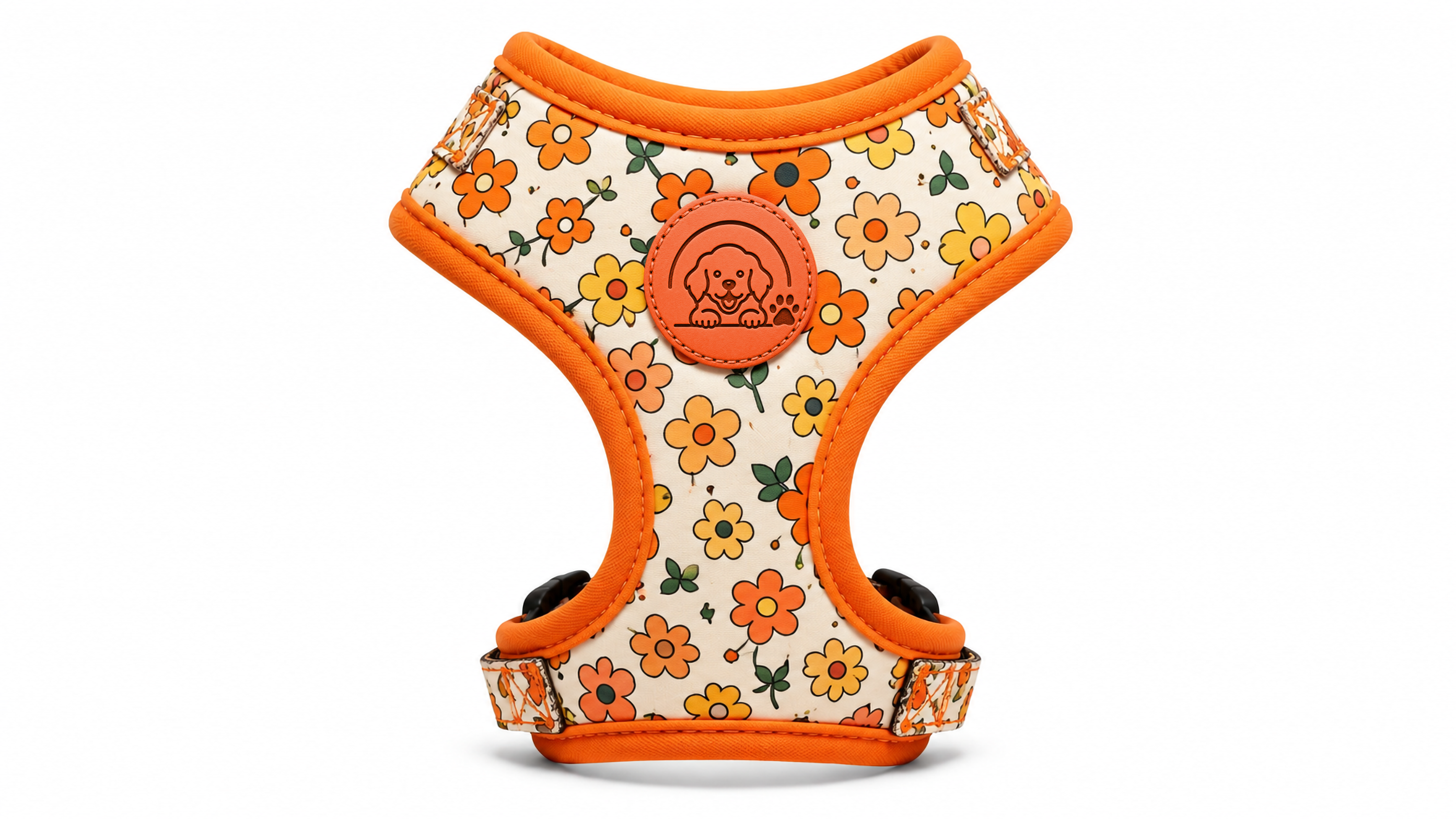Floral Orange Dog Harness with Soft Adjustable Comfort Fit