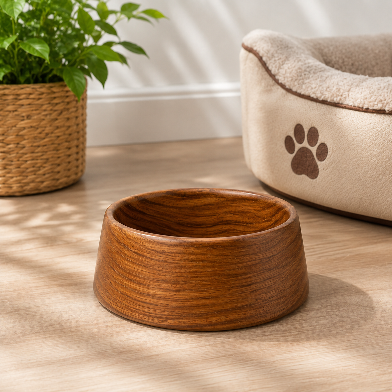 Natural Wooden Pet Food Bowl – Round Feeding Bowl for Dogs & Cats