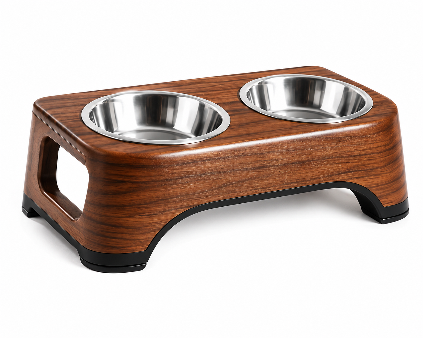 Elevated Double Stainless Steel Pet Bowl with Wood Grain Stand for Dogs & Cats